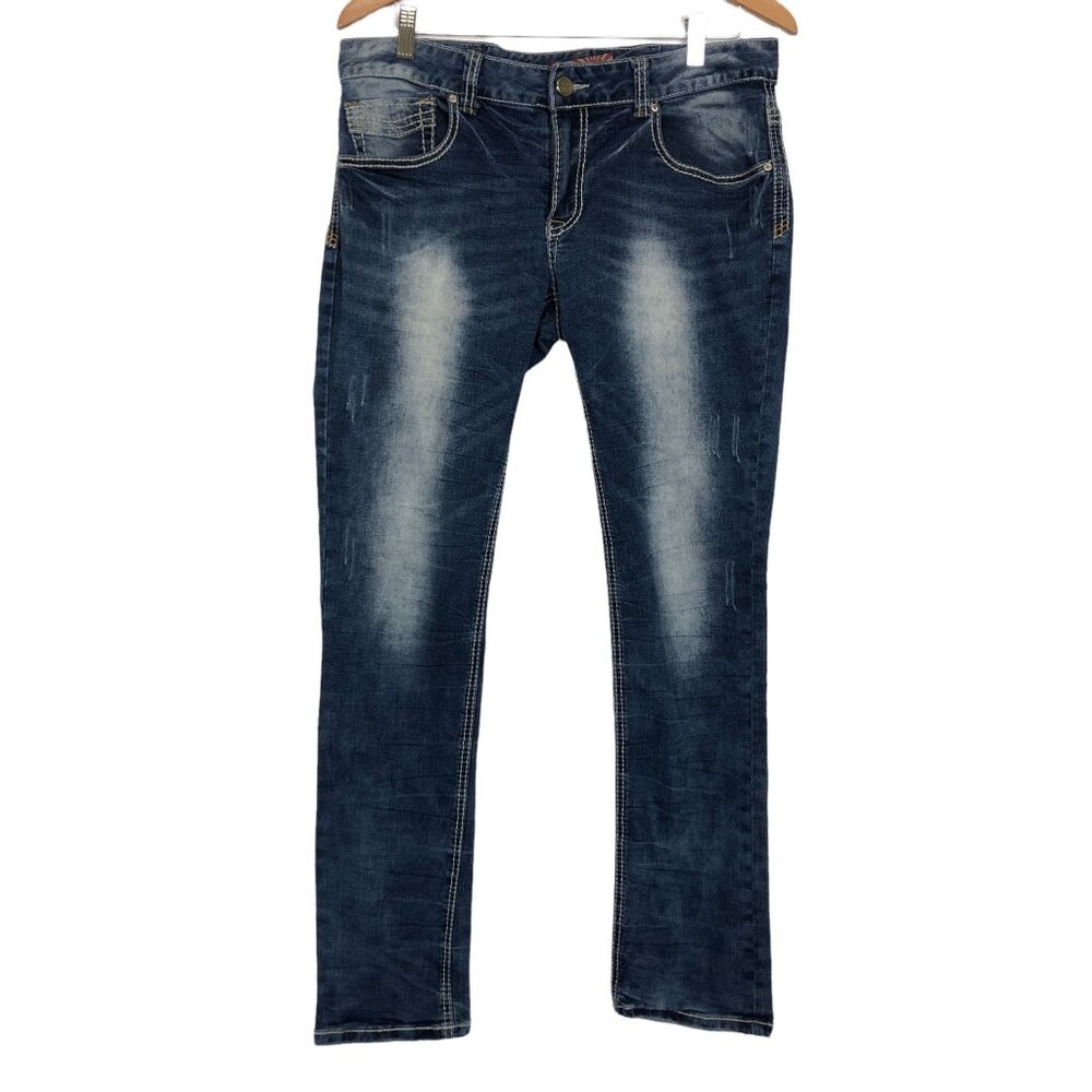 RawX Stretch Mens Jeans Sz 32 Distressed Contrast Double Stitching Med Dark Wash